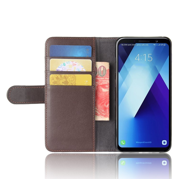 Genuine Leather Wallet Stand Phone Cover for Samsung Galaxy A8 Plus (2018) - Coffee-5