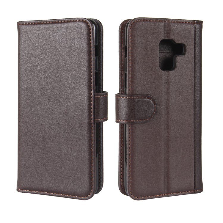 Genuine Leather Wallet Stand Phone Cover for Samsung Galaxy A8 Plus (2018) - Coffee-8