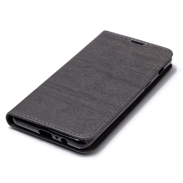 Tree Bark Texture Auto-absorbed Leather Card Holder Phone Casing for Samsung Galaxy A8+ (2018) - Grey-4