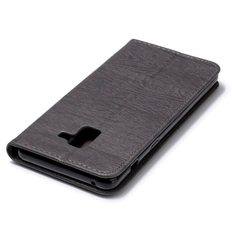 Tree Bark Texture Auto-absorbed Leather Card Holder Phone Casing for Samsung Galaxy A8+ (2018) - Grey-5
