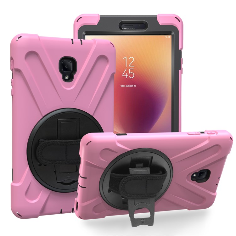 360 Degree Swivel Kickstand PC + Silicone Hybrid Case with Hand Holder Strap for Samsung Galaxy Tab A 8.0 (2017) - Pink-1
