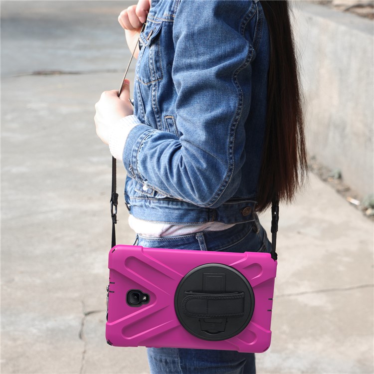 X-Shape PC + TPU Rotary Bracket Case with Handstrap + Shoulder Strap for Samsung Galaxy Tab A 8.0 (2017) T380 T385 - Rose-21