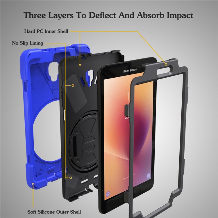 X-Shape Rotary Kickstand PC + TPU Hybrid Case for Samsung Galaxy Tab A 8.0 (2017) T380 T385 with Handstrap + Shoulder Strap - Dark Blue-7