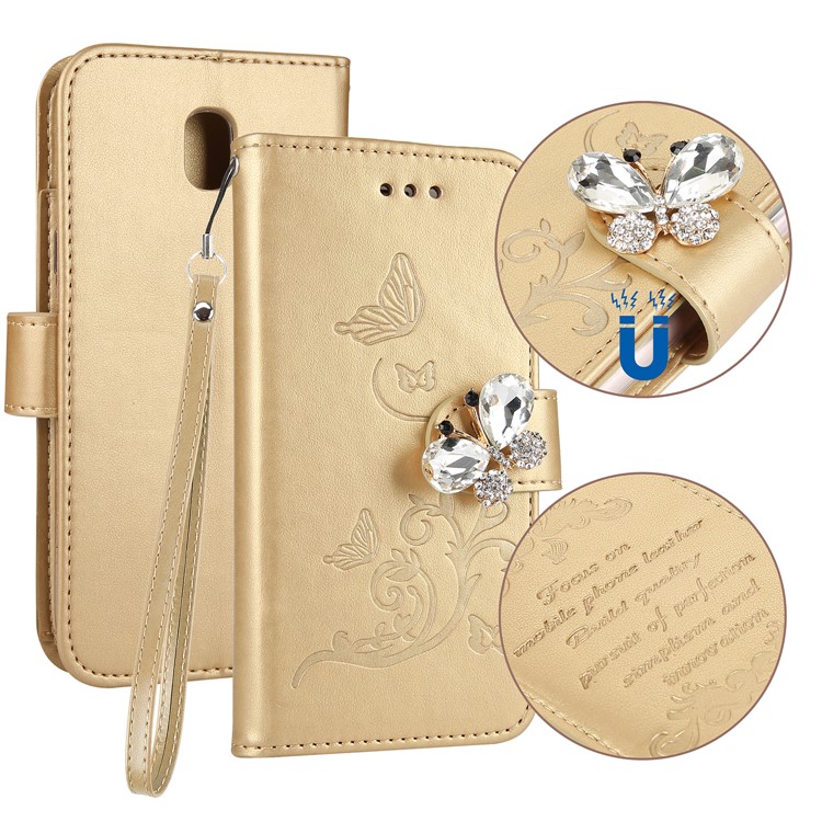 

Rhinestone Imprint Butterfly Flower PU Leather Wallet Case for Samsung Galaxy J3 Pro (2017) / J3 (2017) EU Version - Gold, Galaxy J3 (2017)