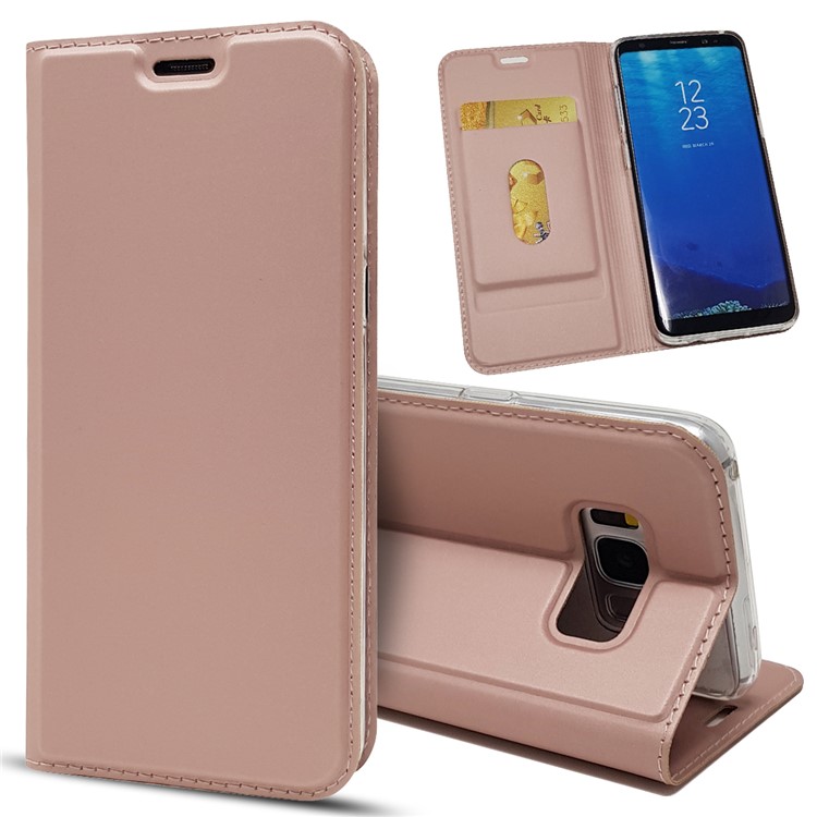 

For Samsung Galaxy S8+ G955 Magnetic Adsorption Stand PU Leather Card Holder Case - Rose Gold