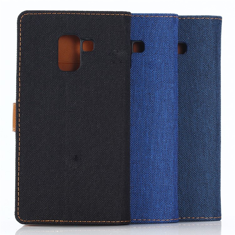 Jeans Cloth Wallet PU Leather Stand Phone Case for Samsung Galaxy A8 (2018) - Dark Blue-11