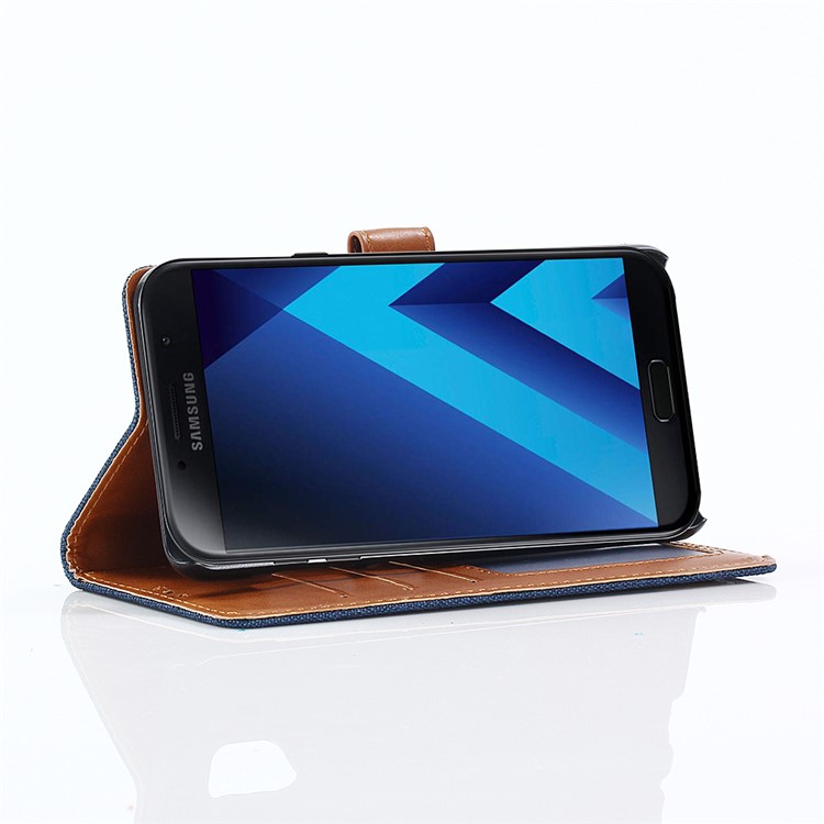 Jeans Cloth Wallet PU Leather Stand Phone Case for Samsung Galaxy A8 (2018) - Dark Blue-9
