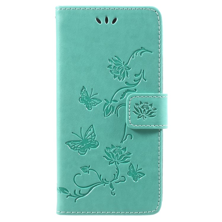 For Samsung Galaxy J2 Pro 2018 Imprint Butterfly Flowers Magnetic Wallet Leather Stand Cover - Cyan-1