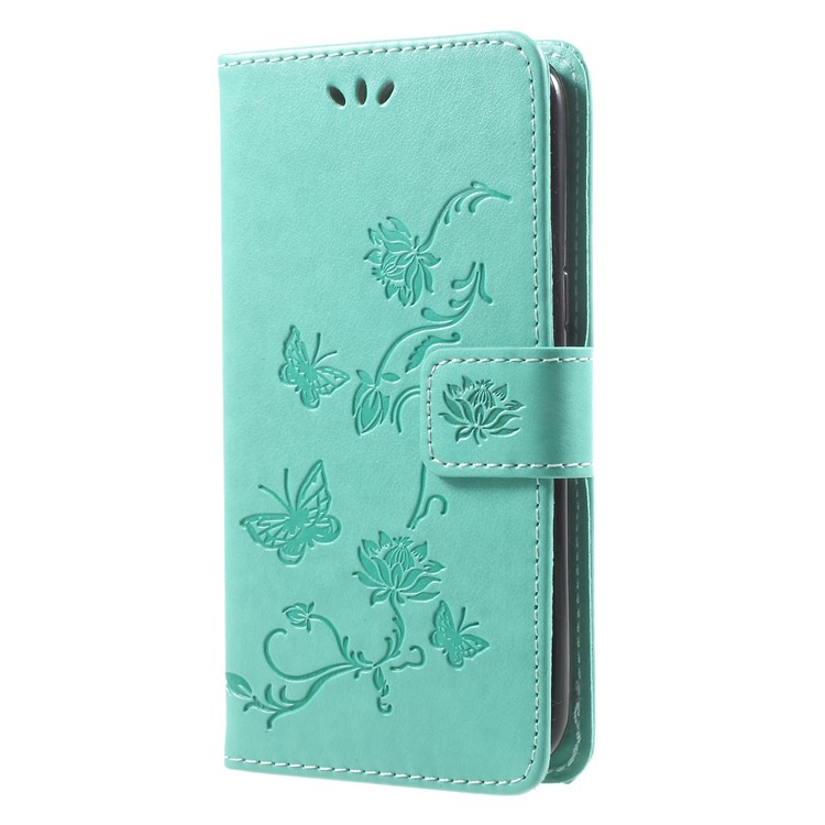 For Samsung Galaxy J2 Pro 2018 Imprint Butterfly Flowers Magnetic Wallet Leather Stand Cover - Cyan-3