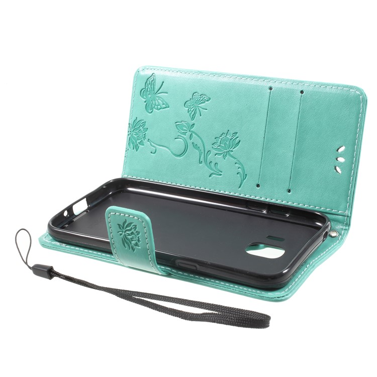 For Samsung Galaxy J2 Pro 2018 Imprint Butterfly Flowers Magnetic Wallet Leather Stand Cover - Cyan-5