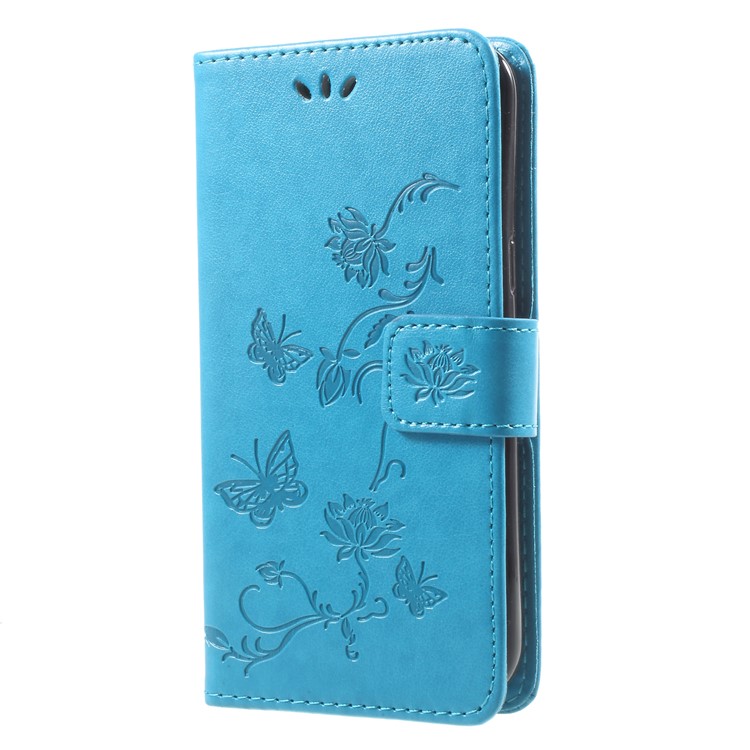 For Samsung Galaxy J2 Pro 2018 Imprint Butterfly Flowers Magnetic Wallet Leather Accessory Case - Blue-5