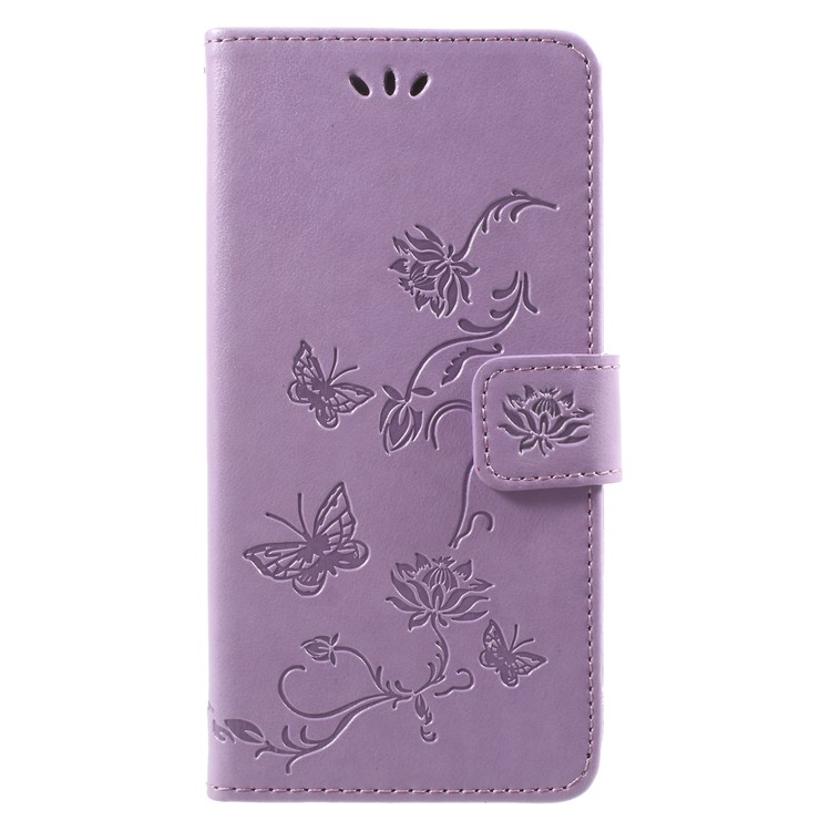 For Samsung Galaxy J2 Pro 2018 Imprint Butterfly Flowers Leather Wallet Stand Phone Case - Light Purple-1