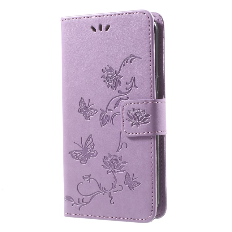 For Samsung Galaxy J2 Pro 2018 Imprint Butterfly Flowers Leather Wallet Stand Phone Case - Light Purple-5
