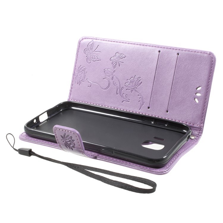 For Samsung Galaxy J2 Pro 2018 Imprint Butterfly Flowers Leather Wallet Stand Phone Case - Light Purple-9