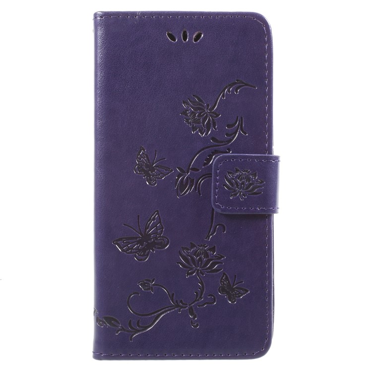 Imprint Butterfly Flowers Magnetic Wallet Leather Mobile Phone Cover with Stand for Samsung Galaxy J2 Pro 2018 - Dark Purple-1