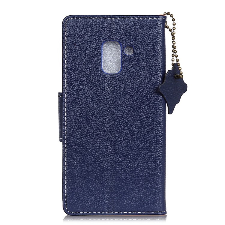 Litchi Texture Genuine Leather Wallet Stand Cover for Samsung Galaxy A8 (2018) - Blue-2