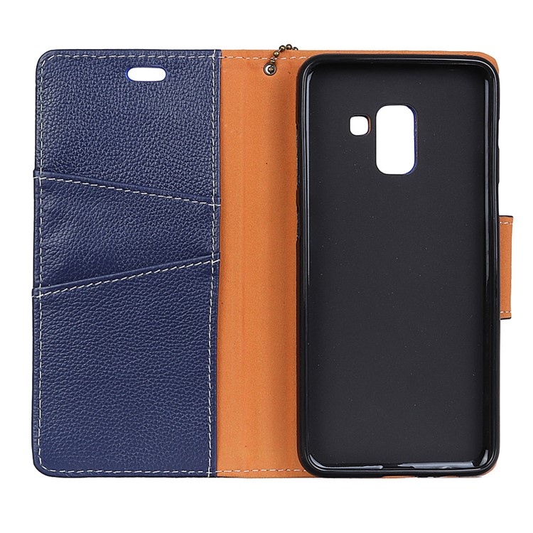Litchi Texture Genuine Leather Wallet Stand Cover for Samsung Galaxy A8 (2018) - Blue-3