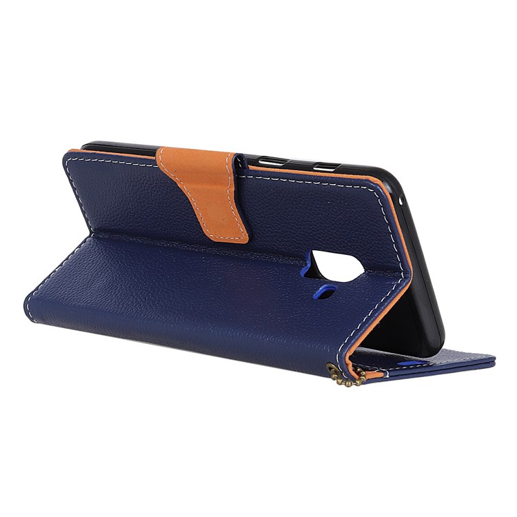Litchi Texture Genuine Leather Wallet Stand Cover for Samsung Galaxy A8 (2018) - Blue-4