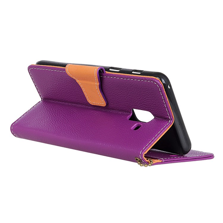 Litchi Texture Genuine Leather Flip Stand Magnetic Wallet Shell for Samsung Galaxy A8 (2018) - Purple-4