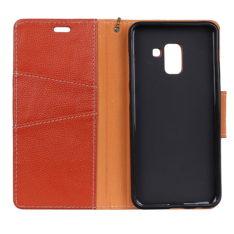 Litchi Texture Genuine Leather Stand Wallet Case Cover for Samsung Galaxy A8 (2018) - Orange-3