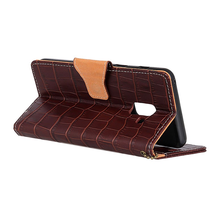 Crocodile Texture Genuine Leather Stand Wallet Phone Shell for Samsung Galaxy A8 Plus (2018) - Coffee-5