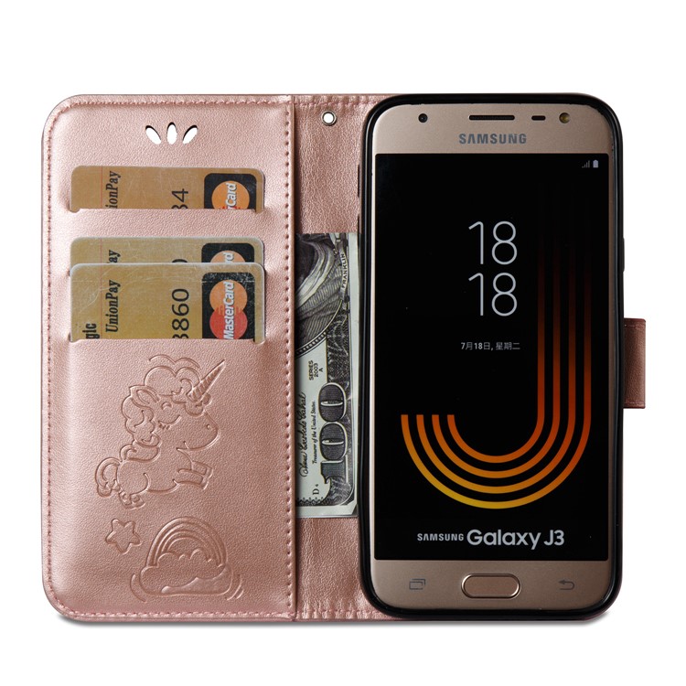 Imprint Unicorn Cloud Wallet Leather Shell for Samsung Galaxy J3 (2017) EU Version / J3 Pro (2017) - Rose Gold-14