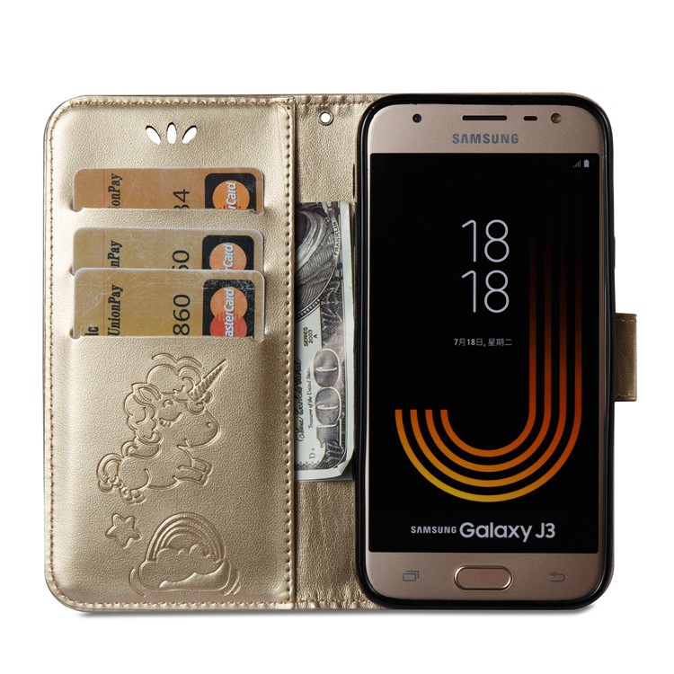 Imprint Unicorn Cloud Wallet Leather Phone Case for Samsung Galaxy J3 (2017) EU Version / J3 Pro (2017) - Gold-10