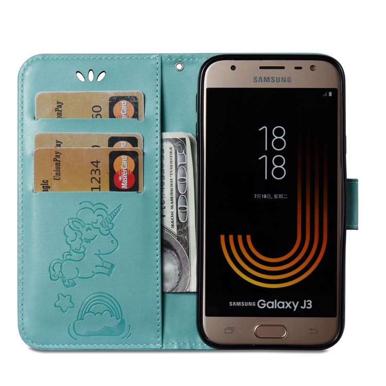 Imprint Unicorn Cloud Stand Leather Mobile Case for Samsung Galaxy J3 (2017) EU Version / J3 Pro (2017) - Cyan-10