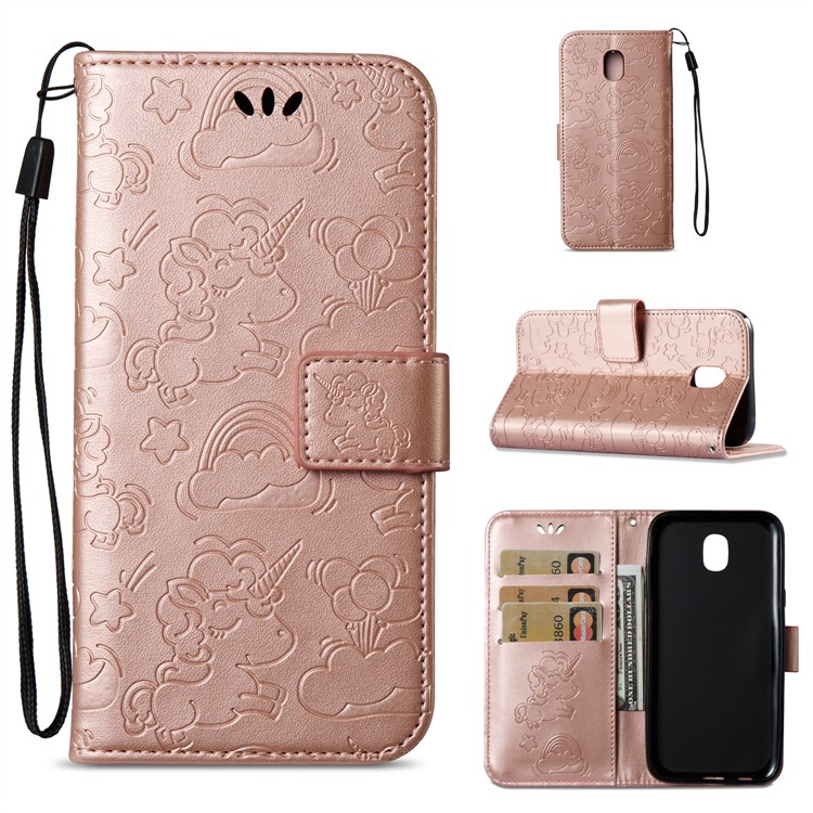 For Samsung Galaxy J5 (2017) EU Version / J5 Pro (2017) Imprint Unicorn Cloud Wallet Stand Leather Cover Accessory - Rose Gold-1