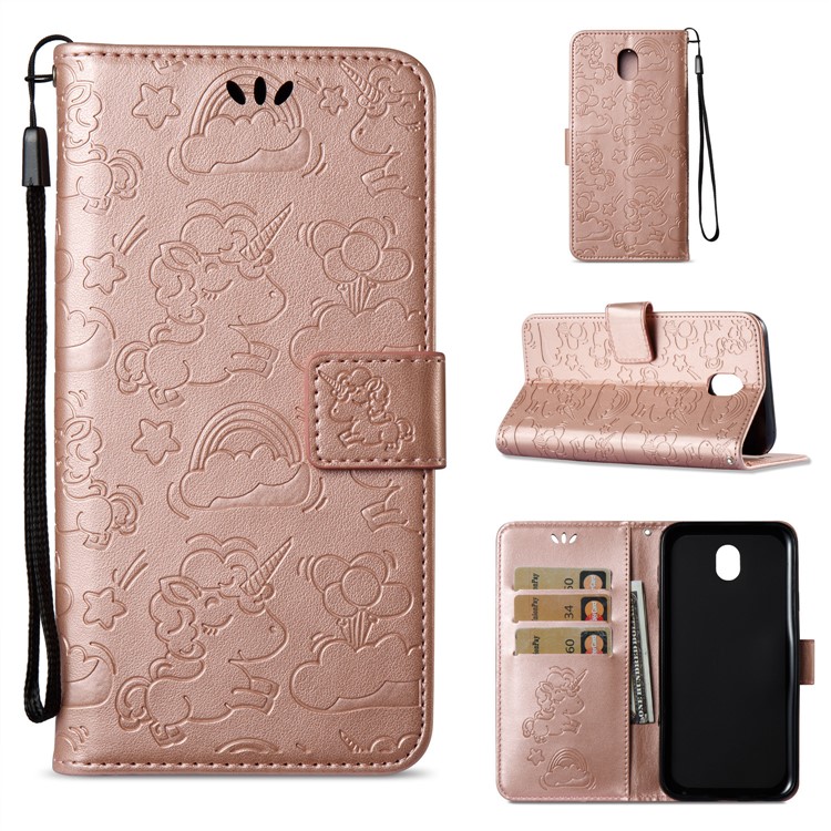Imprinted Unicorn Pattern Leather Wallet Shell for Samsung Galaxy J7 (2017) EU Version / J7 Pro (2017) - Rose Gold-1
