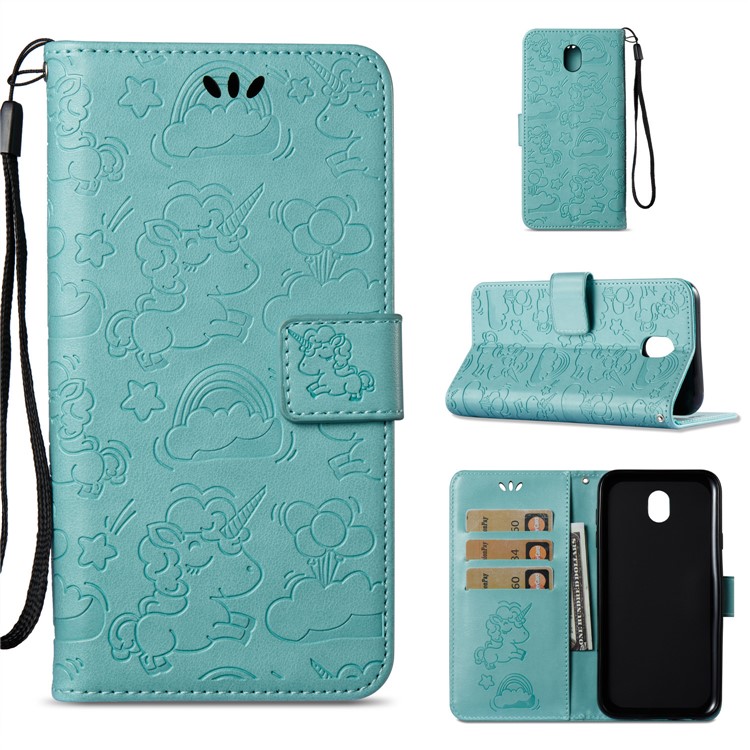 Imprinted Unicorn Pattern Leather Stand Cover for Samsung Galaxy J7 (2017) EU Version / J7 Pro (2017) - Cyan-1