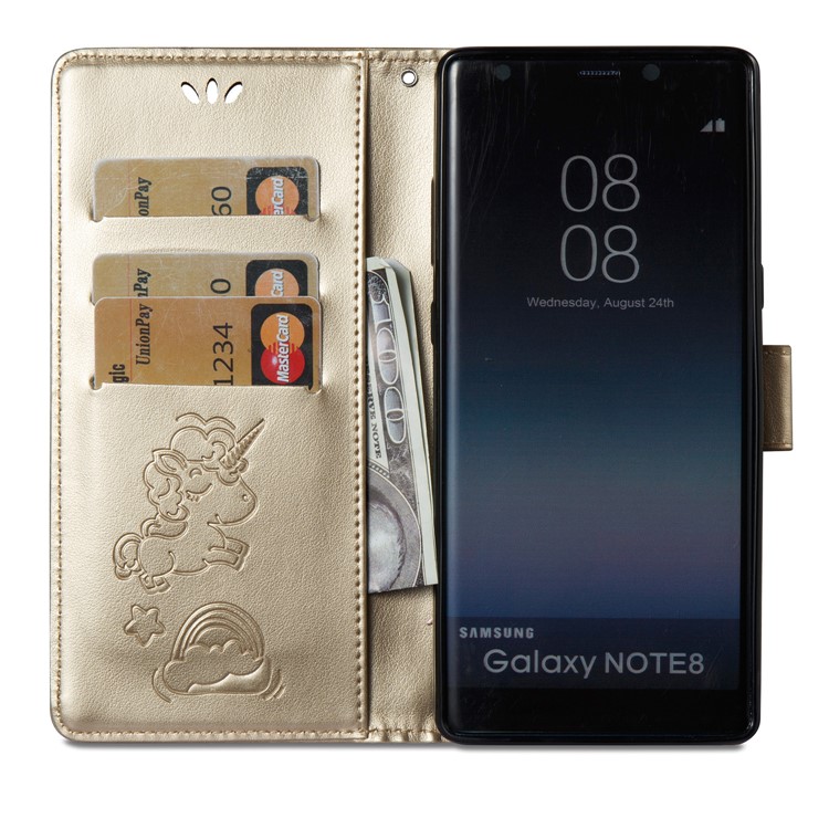 Imprint Unicorn Cloud Leather Wallet Stand Phone Cover with Strap for Samsung Galaxy Note 8 - Gold-10