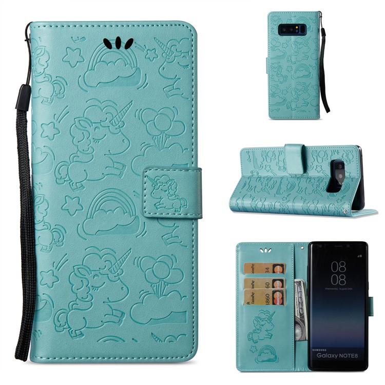 Imprint Unicorn Cloud Wallet Stand Leather Mobile Protective Cover Accessory with Strap for Samsung Galaxy Note 8 - Cyan-1