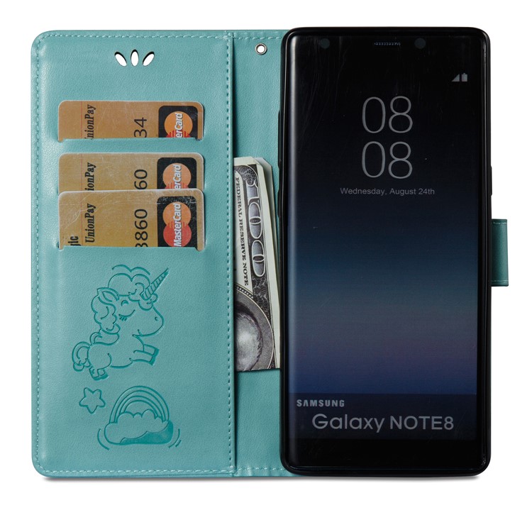 Imprint Unicorn Cloud Wallet Stand Leather Mobile Protective Cover Accessory with Strap for Samsung Galaxy Note 8 - Cyan-10