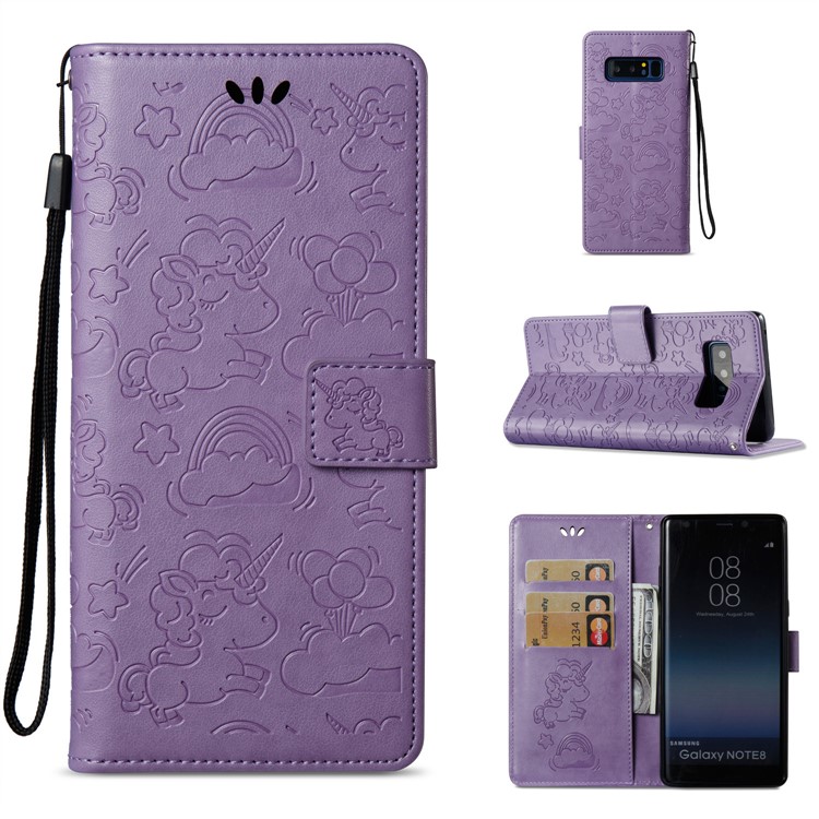 Imprint Unicorn Cloud Wallet Leather Phone Stand Case for Samsung Galaxy Note 8 - Purple-1