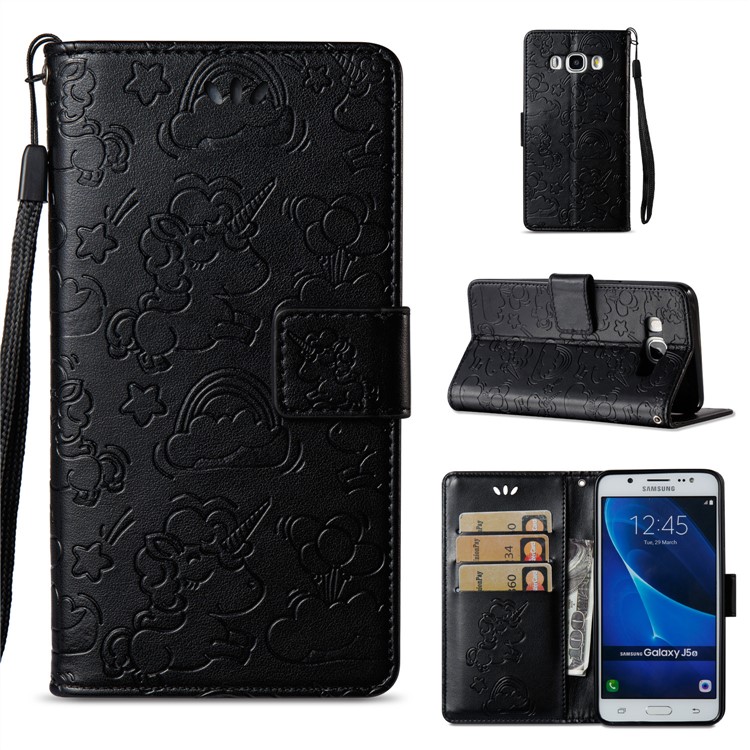 Imprint Unicorn Cloud Leather Wallet Case with Strap for Samsung Galaxy J5 (2016) J510 - Black-1