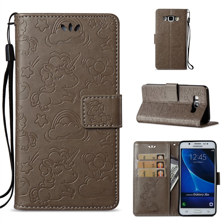 Imprint Unicorn Cloud Leather Wallet Cover with Strap for Samsung Galaxy J5 (2016) J510 - Brown-1