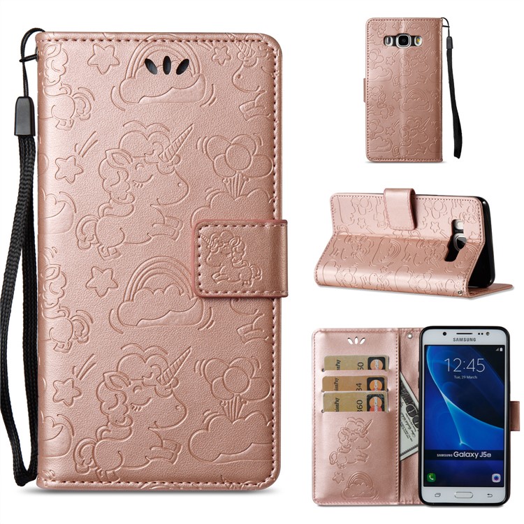Imprint Unicorn Cloud Leather Wallet Shell with Stand for Samsung Galaxy J5 (2016) J510 - Rose Gold-1