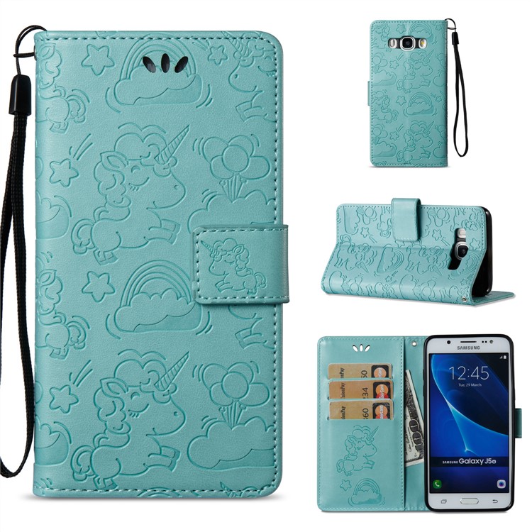 Imprint Unicorn Cloud Wallet Stand Phone Cover for Samsung Galaxy J5 (2016) J510 - Cyan-1