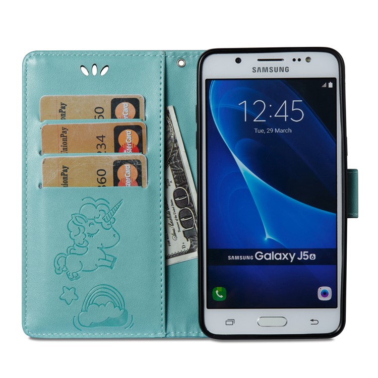 Imprint Unicorn Cloud Wallet Stand Phone Cover for Samsung Galaxy J5 (2016) J510 - Cyan-9