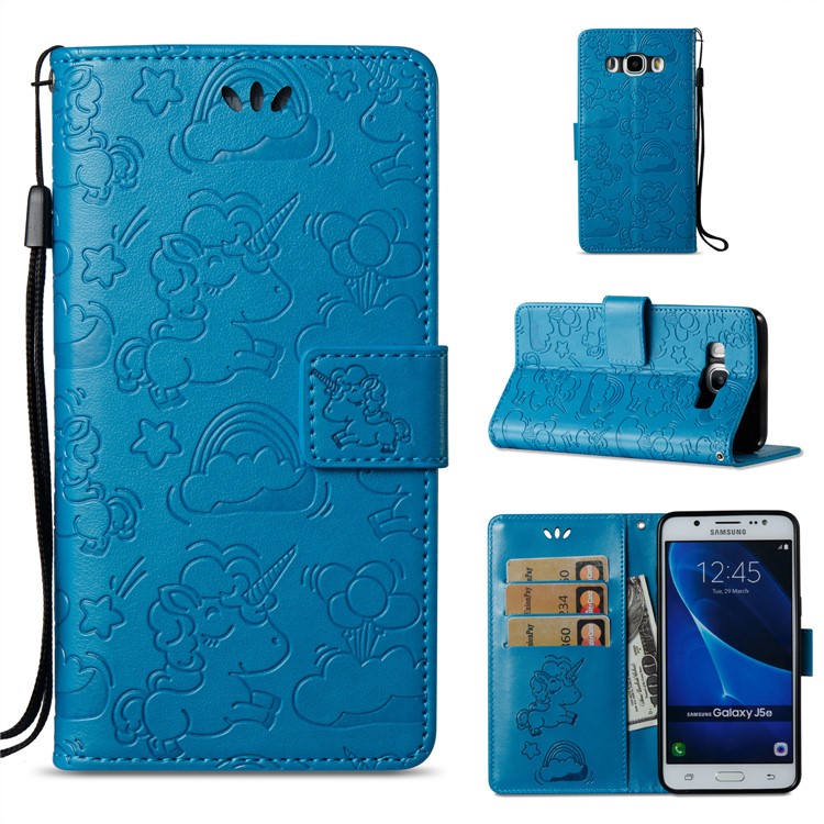 Imprint Unicorn Cloud Leather Wallet Mobile Case with Strap for Samsung Galaxy J5 (2016) J510 - Blue-1