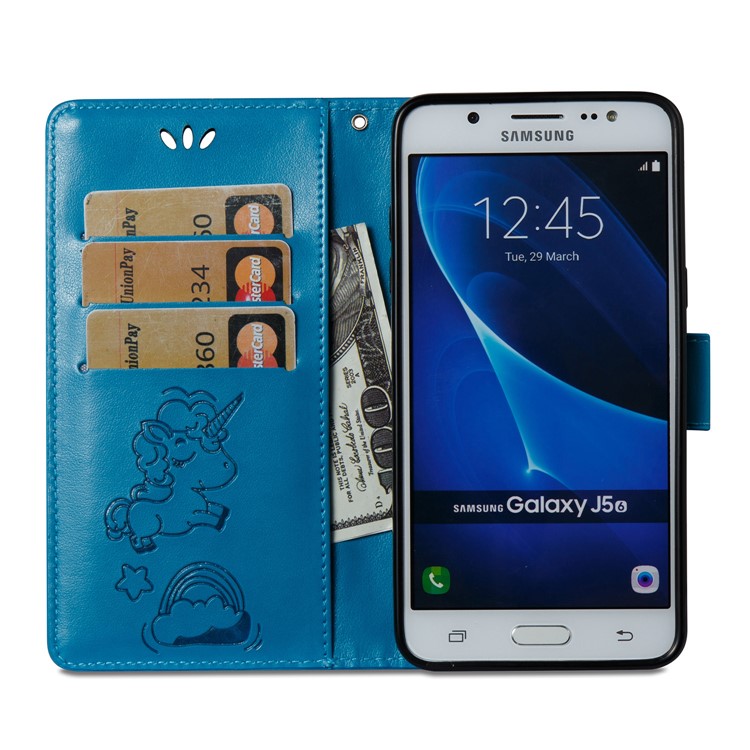 Imprint Unicorn Cloud Leather Wallet Mobile Case with Strap for Samsung Galaxy J5 (2016) J510 - Blue-9