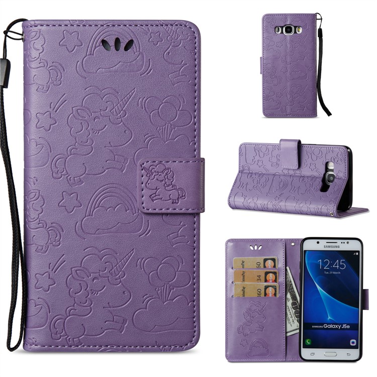 Imprint Unicorn Cloud Stand Leather Wallet Mobile Cover for Samsung Galaxy J5 (2016) J510 - Purple-1
