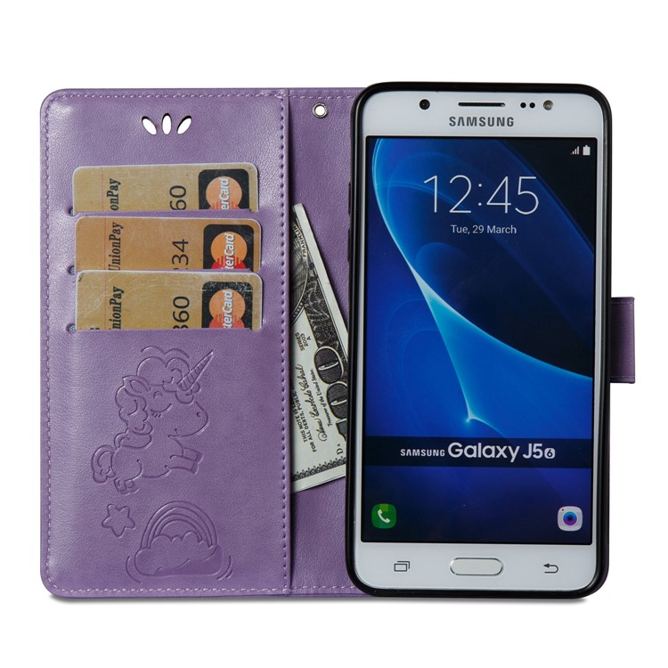 Imprint Unicorn Cloud Stand Leather Wallet Mobile Cover for Samsung Galaxy J5 (2016) J510 - Purple-9