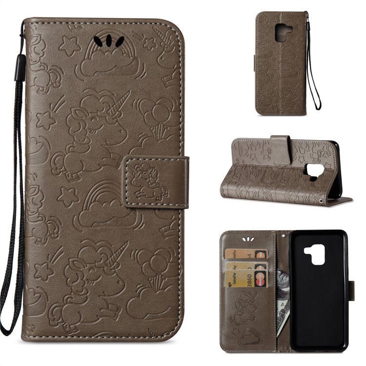 Imprinted Unicorn Pattern Leather Wallet Cover for Samsung Galaxy A8 (2018) - Grey-1