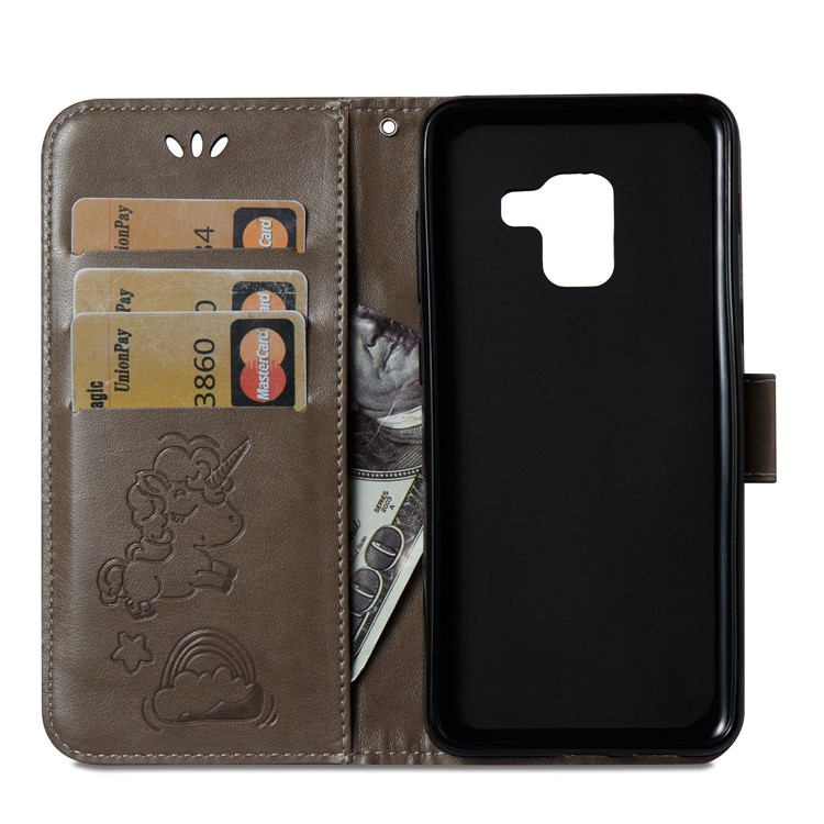 Imprinted Unicorn Pattern Leather Wallet Cover for Samsung Galaxy A8 (2018) - Grey-10