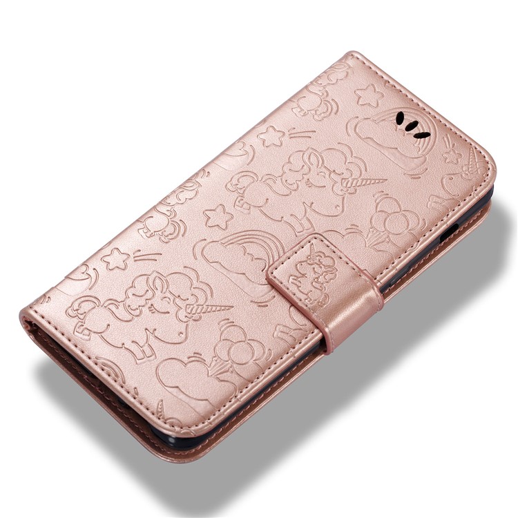 Imprinted Unicorn Pattern Magnetic Leather Wallet Case for Samsung Galaxy A8 (2018) - Rose Gold-10