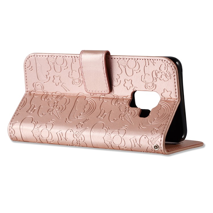 Imprinted Unicorn Pattern Magnetic Leather Wallet Case for Samsung Galaxy A8 (2018) - Rose Gold-12
