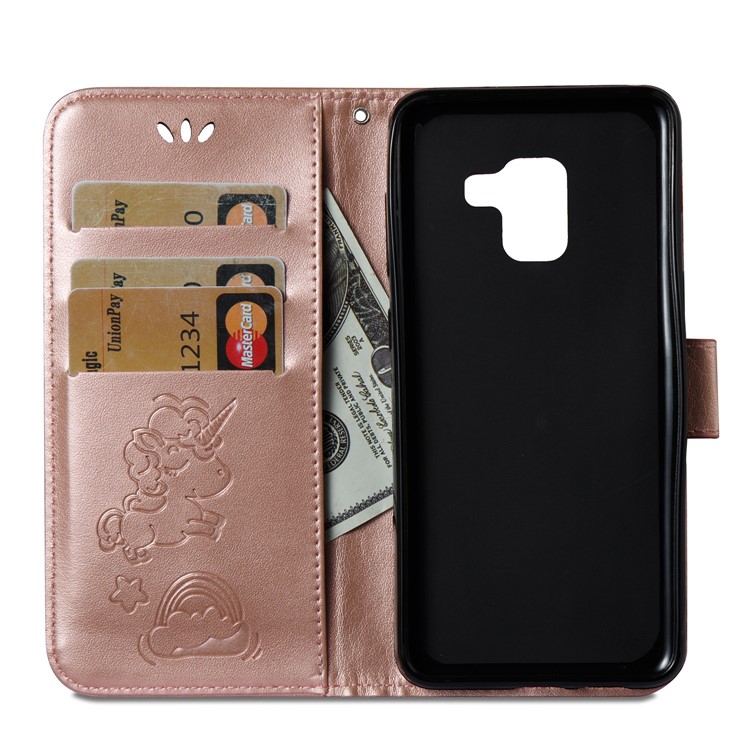 Imprinted Unicorn Pattern Magnetic Leather Wallet Case for Samsung Galaxy A8 (2018) - Rose Gold-14
