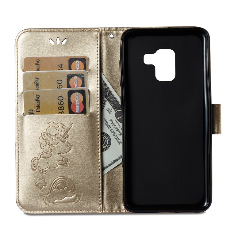 Imprinted Unicorn Pattern Wallet Leather Stand Case for Samsung Galaxy A8 (2018) - Gold-10